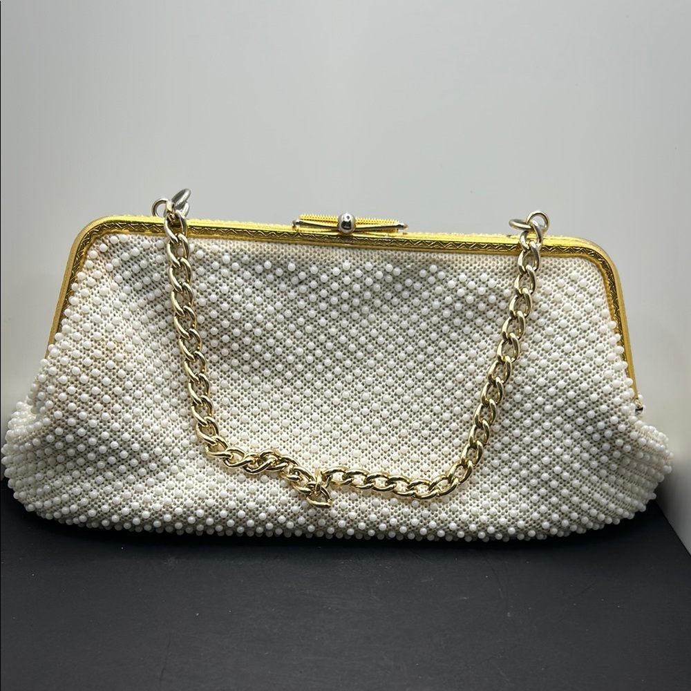 Elegant White and Gold Clutch with Vintage Frame